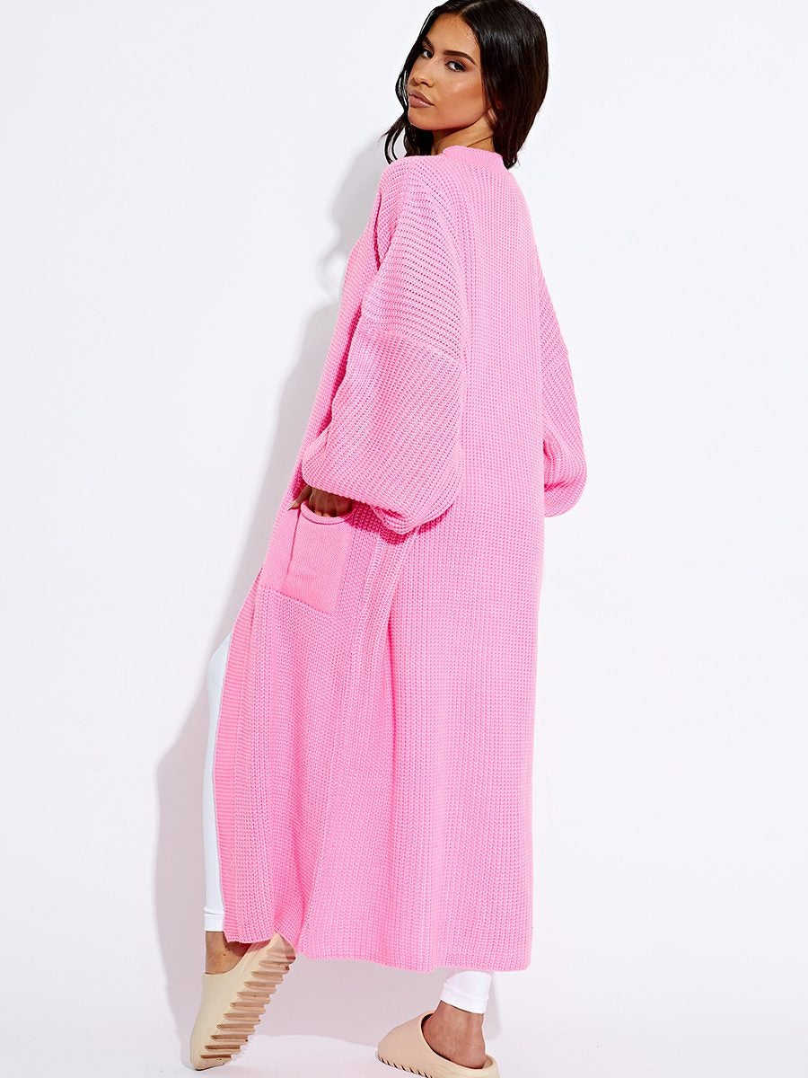 Neon Pink Oversize Longline Knitted Cardigan - Kori - Storm Desire