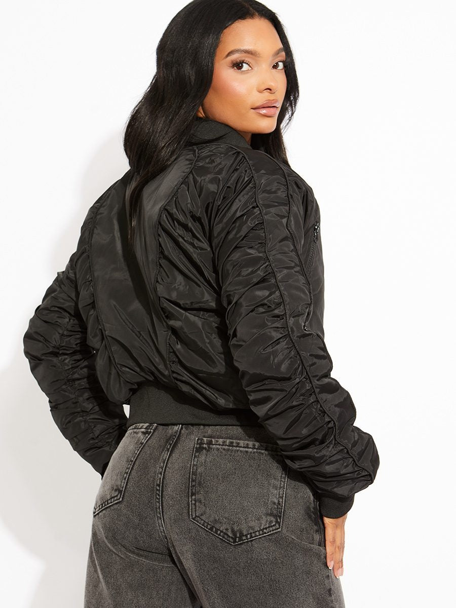 Black Ruched Sleeve Zipped Bomber Jacket - Hadlee - Storm Desire