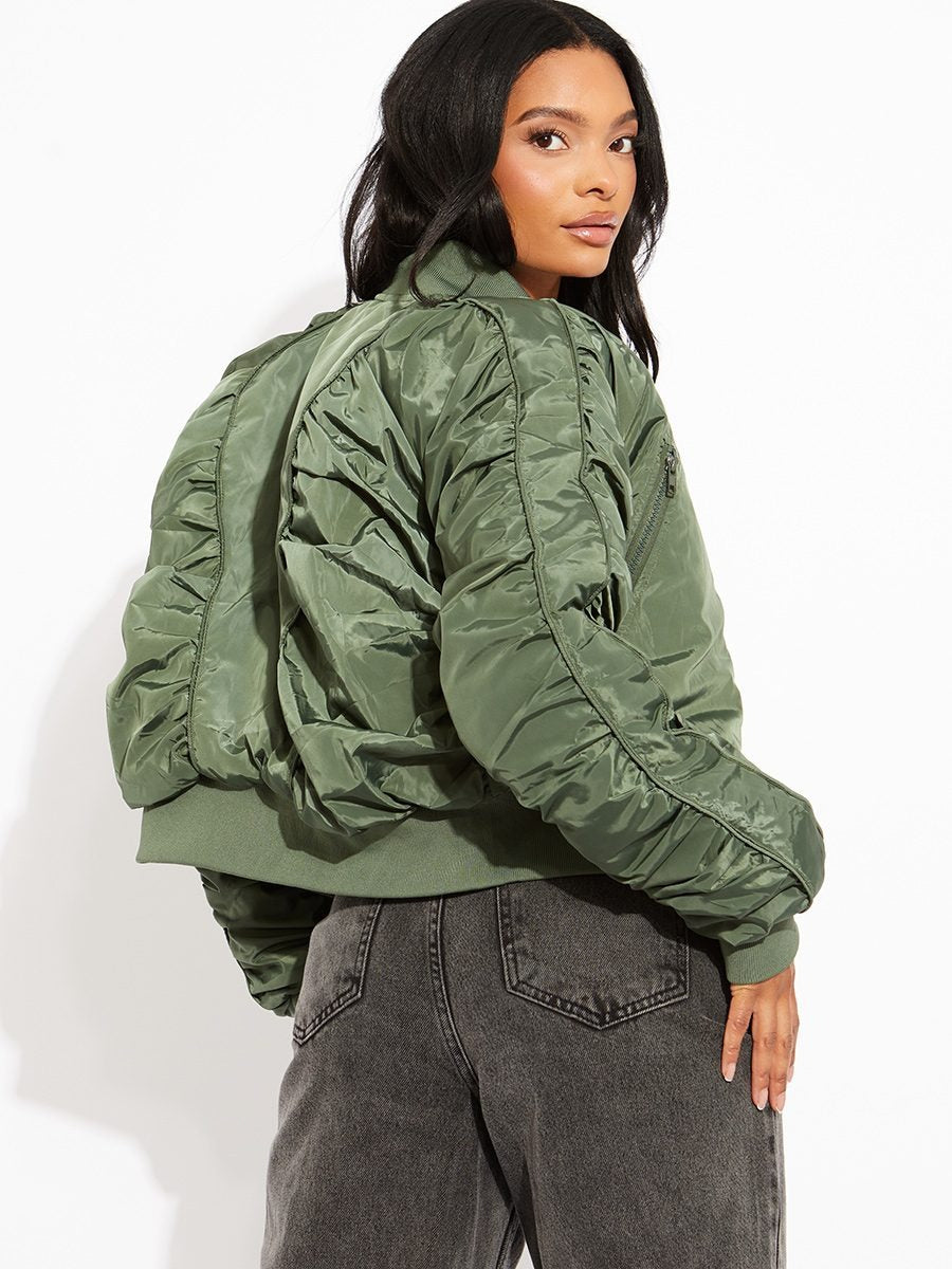 Green Ruched Sleeve Zipped Bomber Jacket - Hadlee - Storm Desire