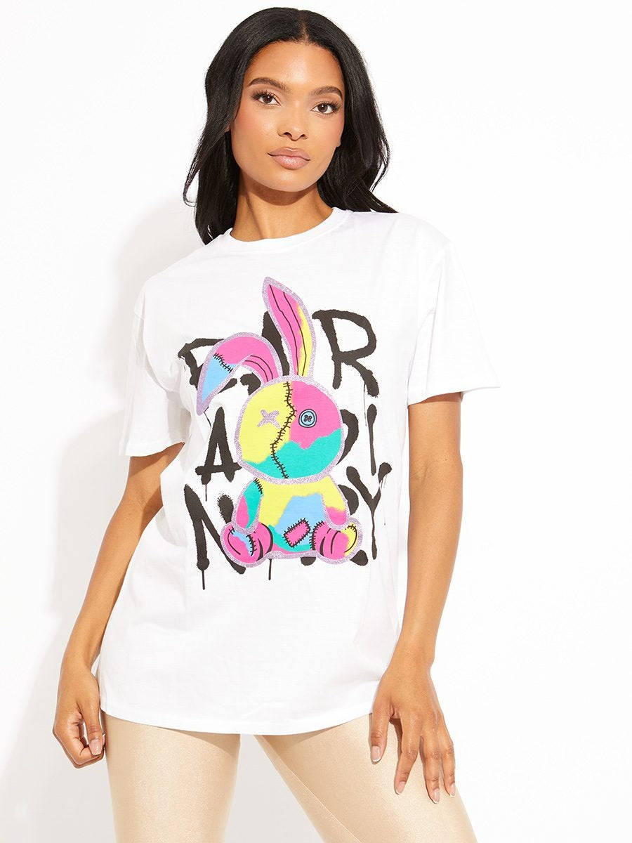 White Stitched Rabbit Graphic T-Shirt - Bridget - Storm Desire