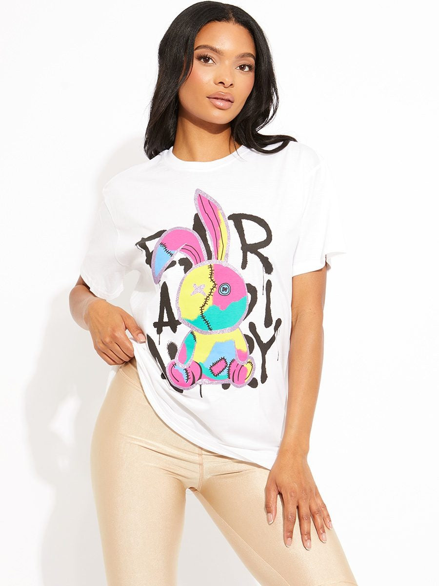 White Stitched Rabbit Graphic T-Shirt - Bridget - Storm Desire