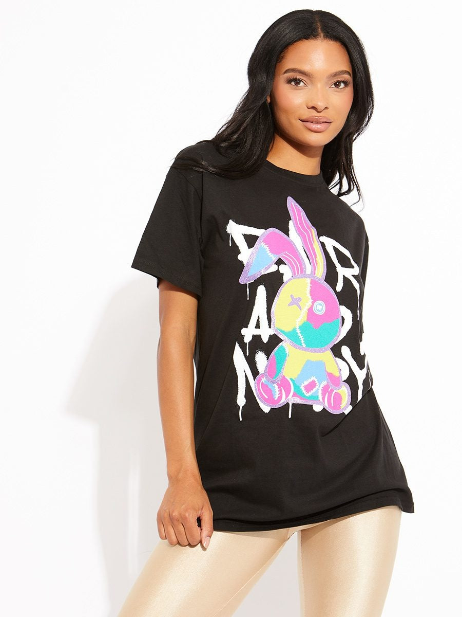 Black Stitched Rabbit Graphic T-Shirt - Bridget - Storm Desire