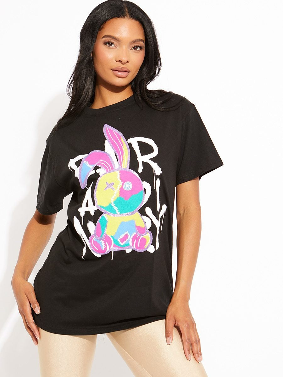 Black Stitched Rabbit Graphic T-Shirt - Bridget - Storm Desire