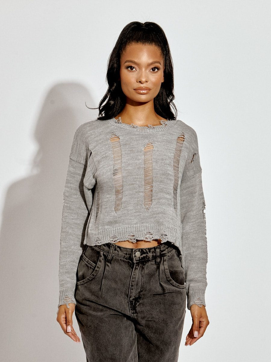 Grey Distressed Knitted Crop Jumper - Elina - Storm Desire