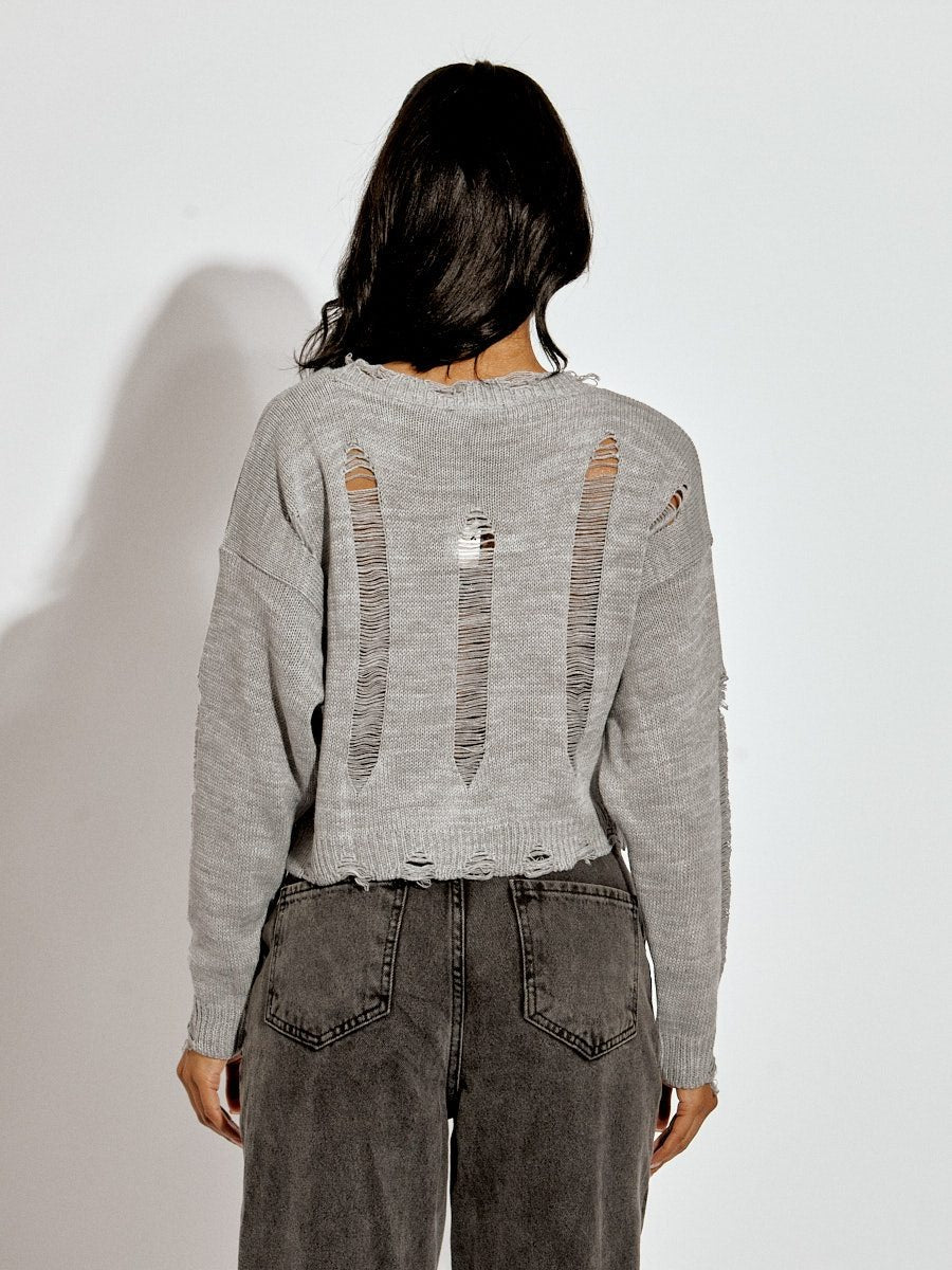 Grey Distressed Knitted Crop Jumper - Elina - Storm Desire