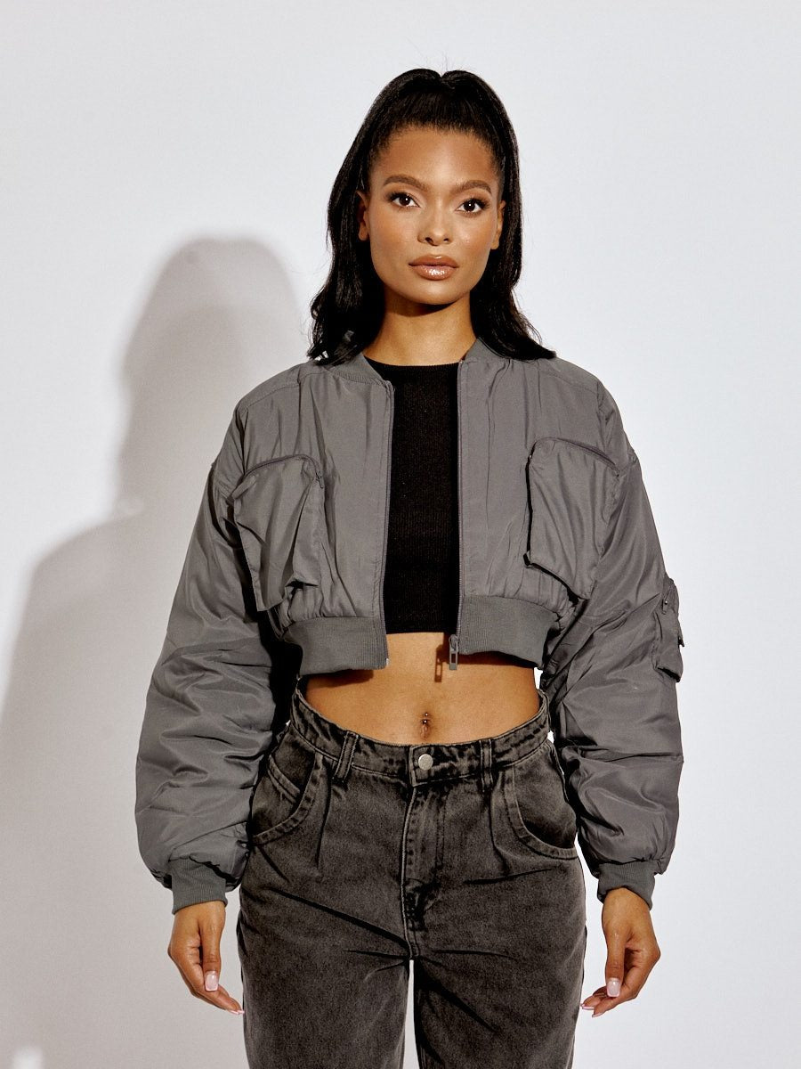 Grey Ruched Sleeve Cropped Bomber Jacket - Zaraa - Storm Desire