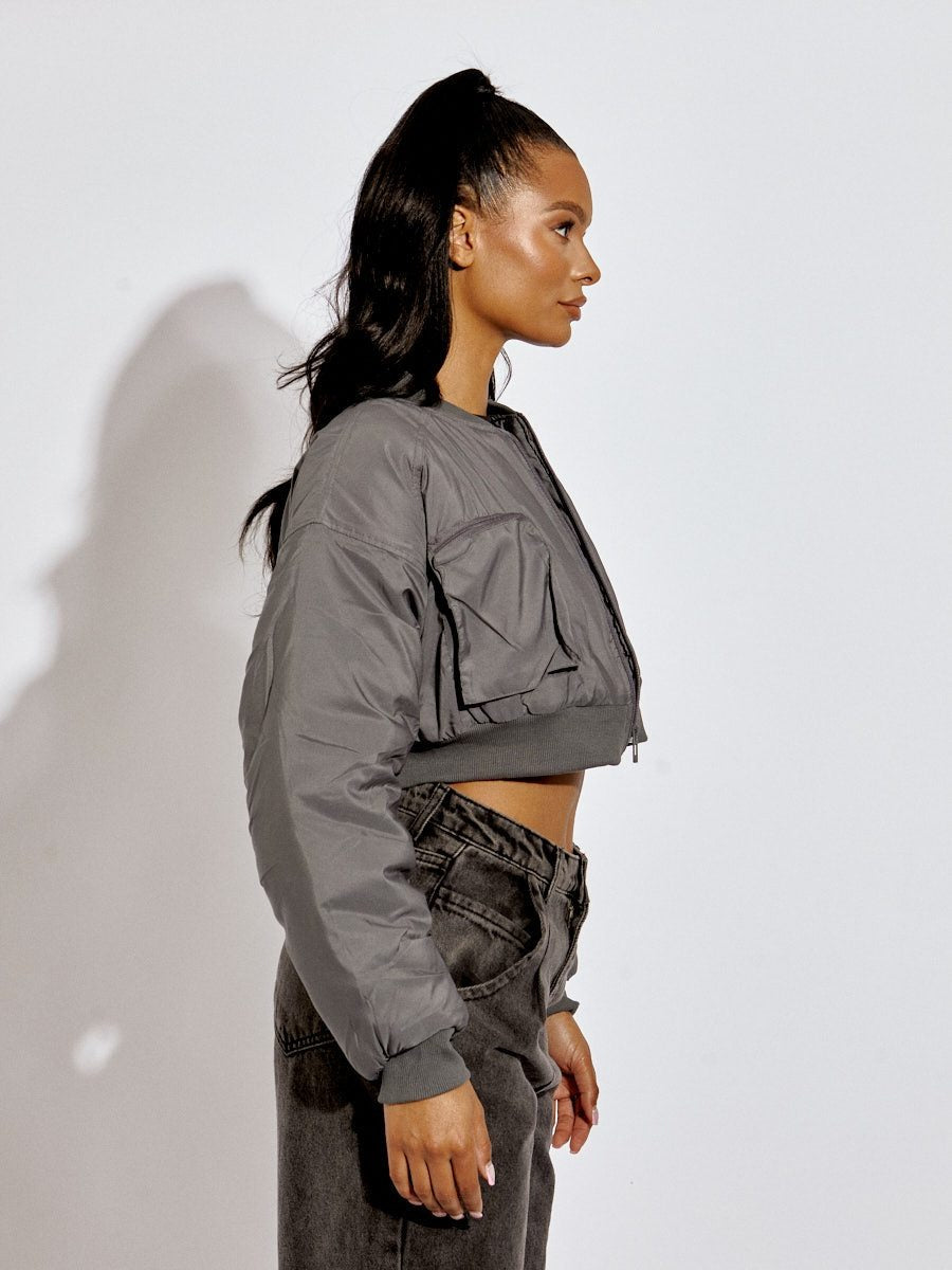 Grey Ruched Sleeve Cropped Bomber Jacket - Zaraa - Storm Desire