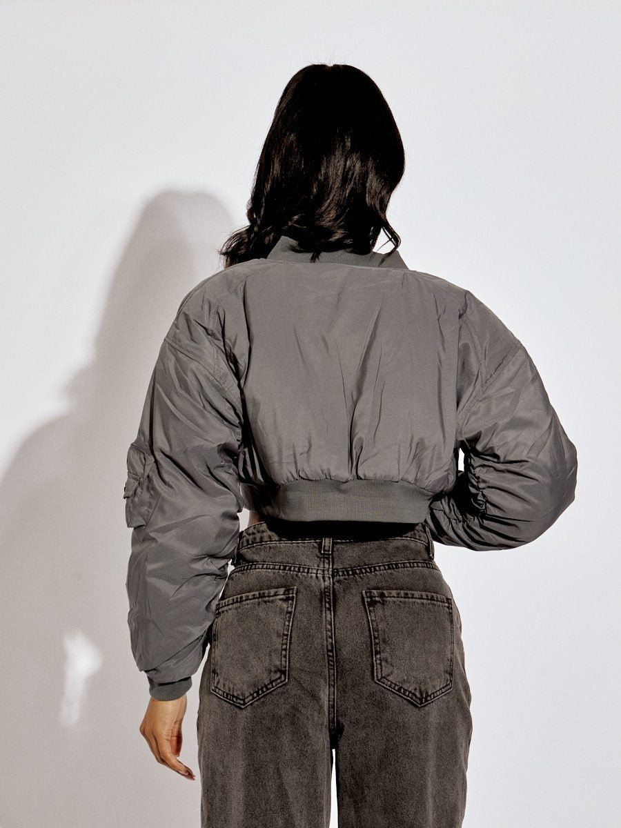 Grey Ruched Sleeve Cropped Bomber Jacket - Zaraa - Storm Desire