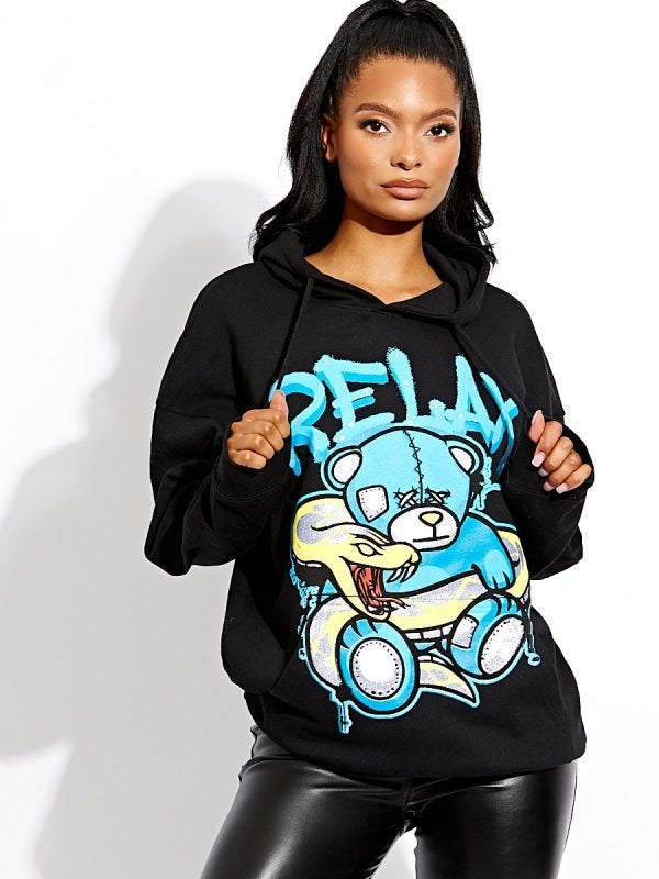Black Relax Snake Graphic Print Hoodie - Brittany - Storm Desire