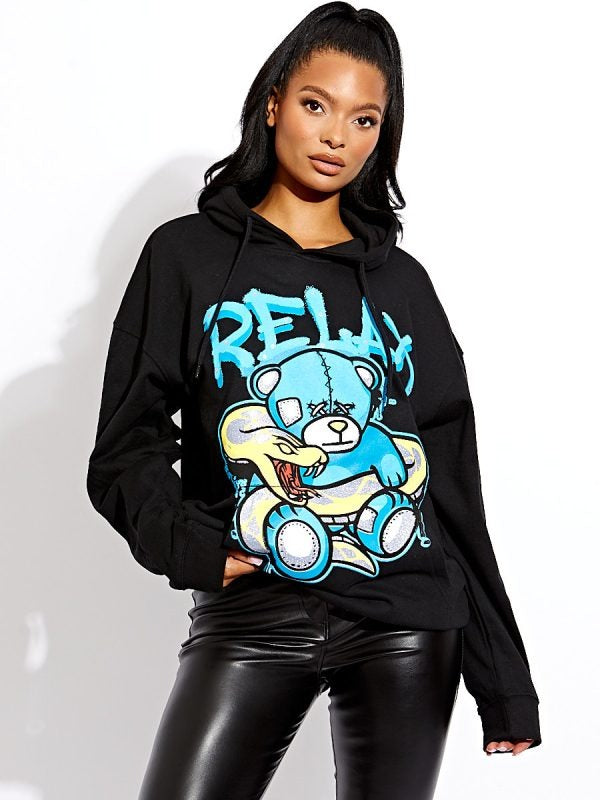 Black Relax Snake Graphic Print Hoodie - Brittany - Storm Desire