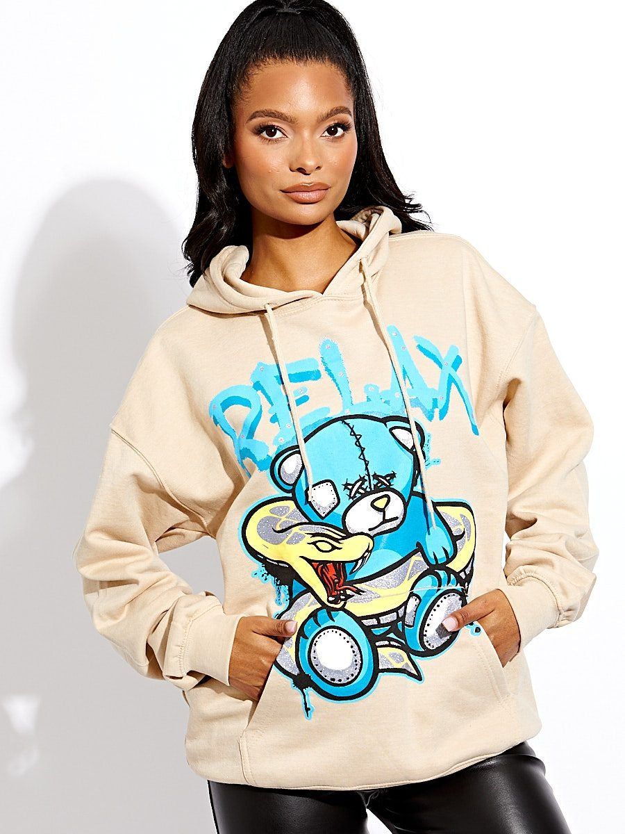 Beige Relax Snake Graphic Print Hoodie - Brittany - Storm Desire