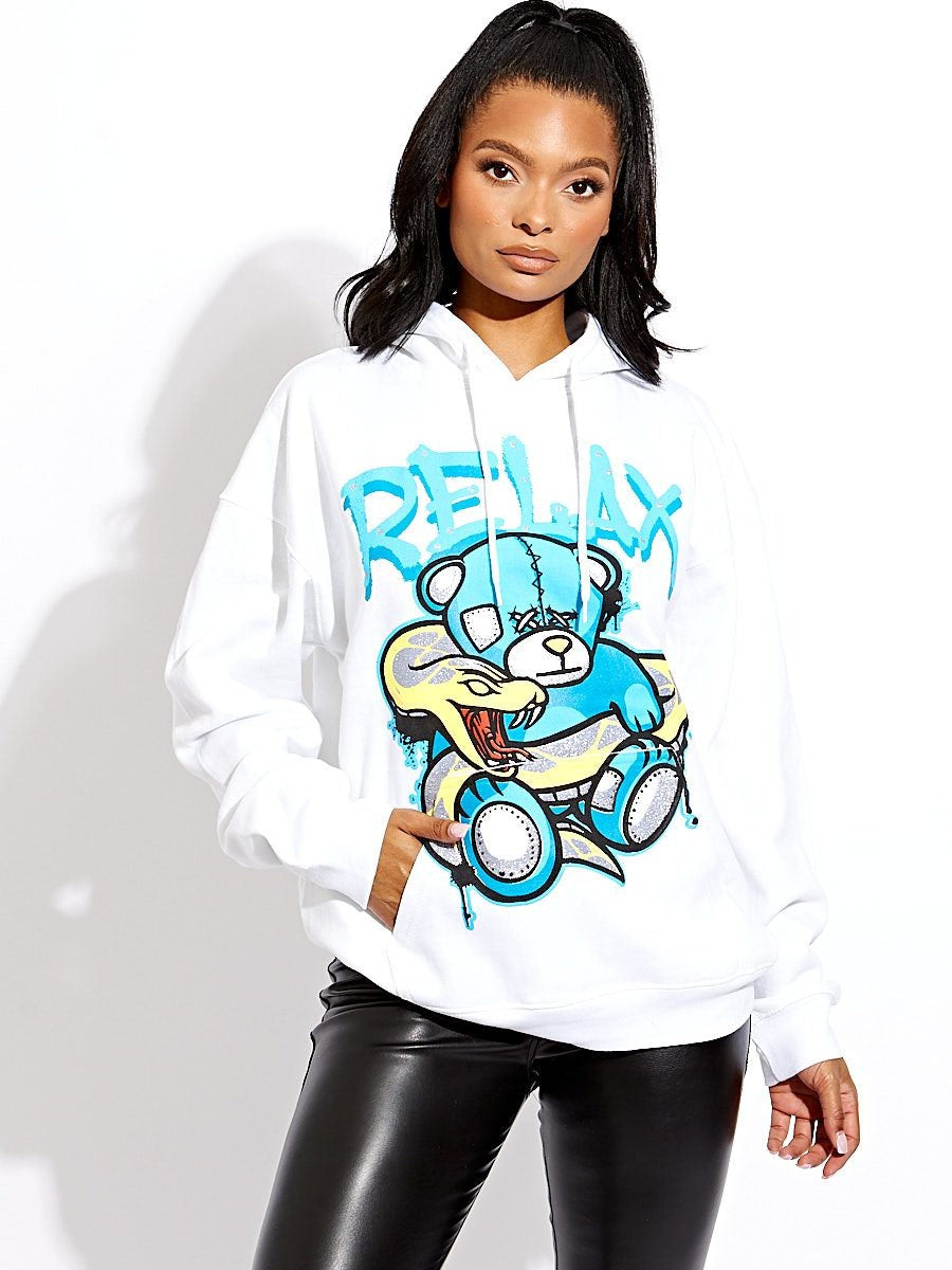 White Relax Snake Graphic Print Hoodie - Brittany - Storm Desire