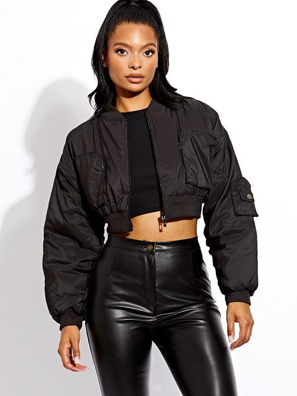 Black Ruched Sleeve Cropped Bomber Jacket - Zaraa - Storm Desire