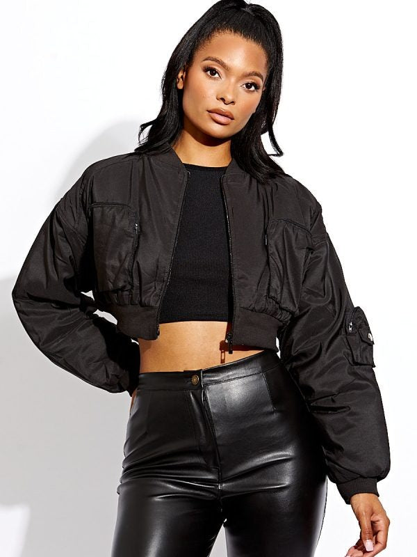 Black Ruched Sleeve Cropped Bomber Jacket - Zaraa - Storm Desire