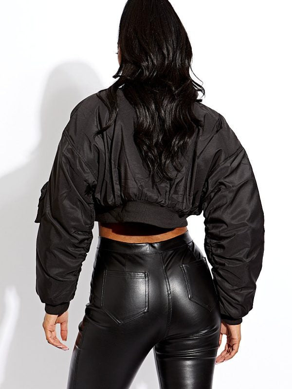 Black Ruched Sleeve Cropped Bomber Jacket - Zaraa - Storm Desire