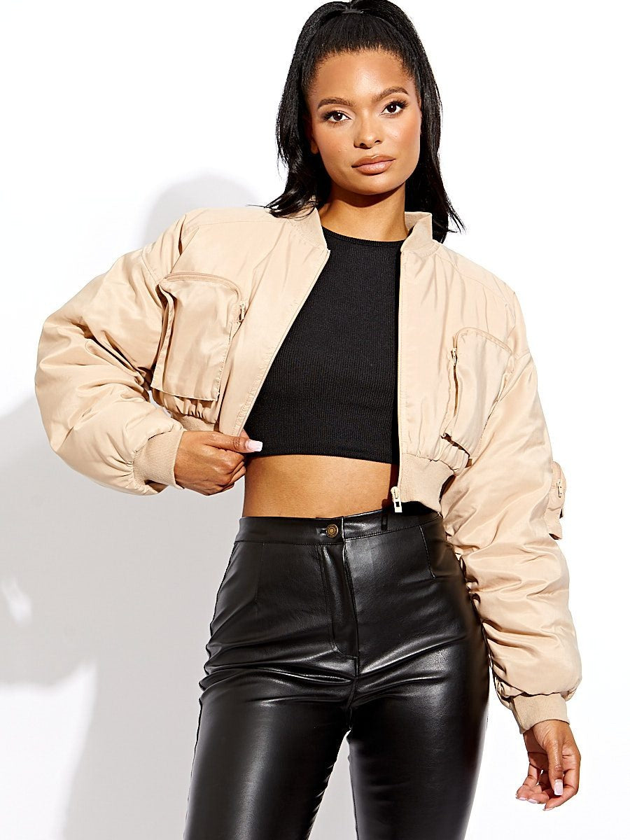 Beige Ruched Sleeve Cropped Bomber Jacket - Zaraa - Storm Desire