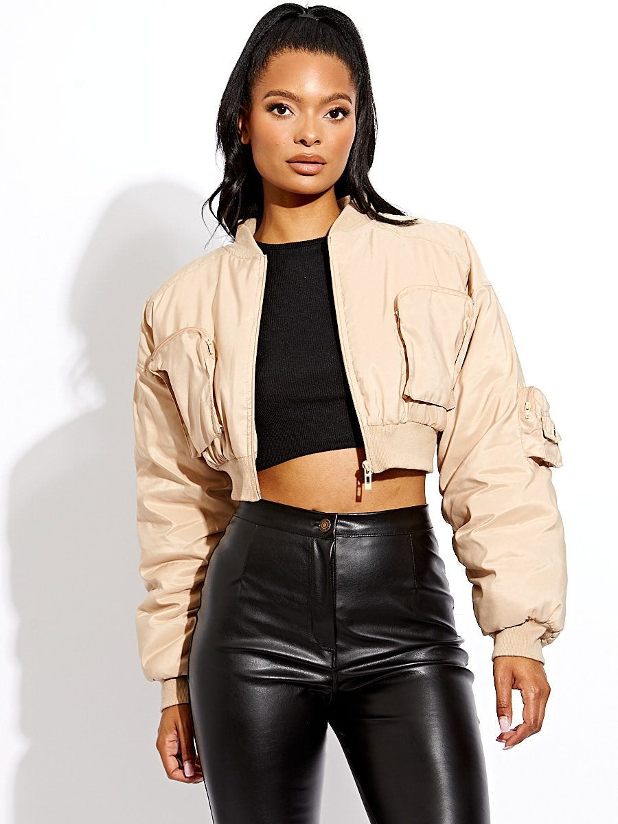 Beige Ruched Sleeve Cropped Bomber Jacket - Zaraa - Storm Desire