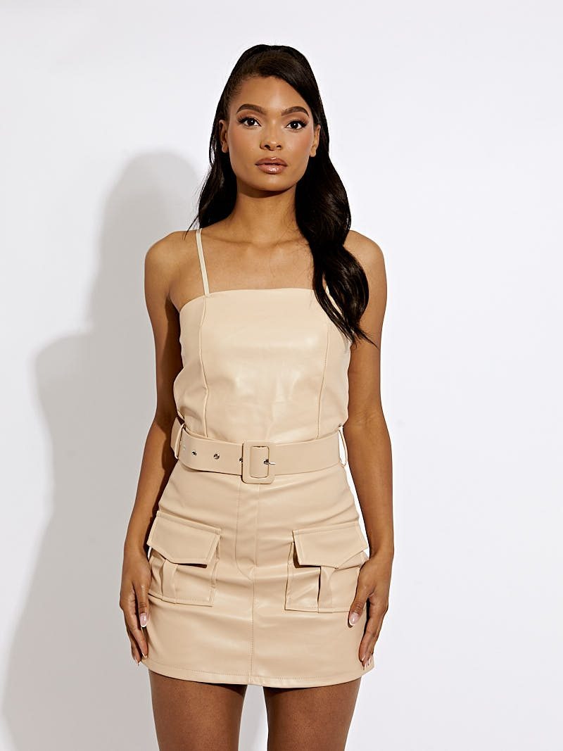 Beige Faux Leather Cargo Strappy Skort Dress - Kassidy - Storm Desire