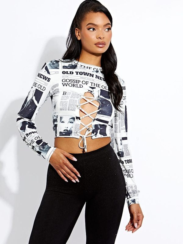 White Newspaper Print Lace Up Crop Top - Katelyn - Storm Desire