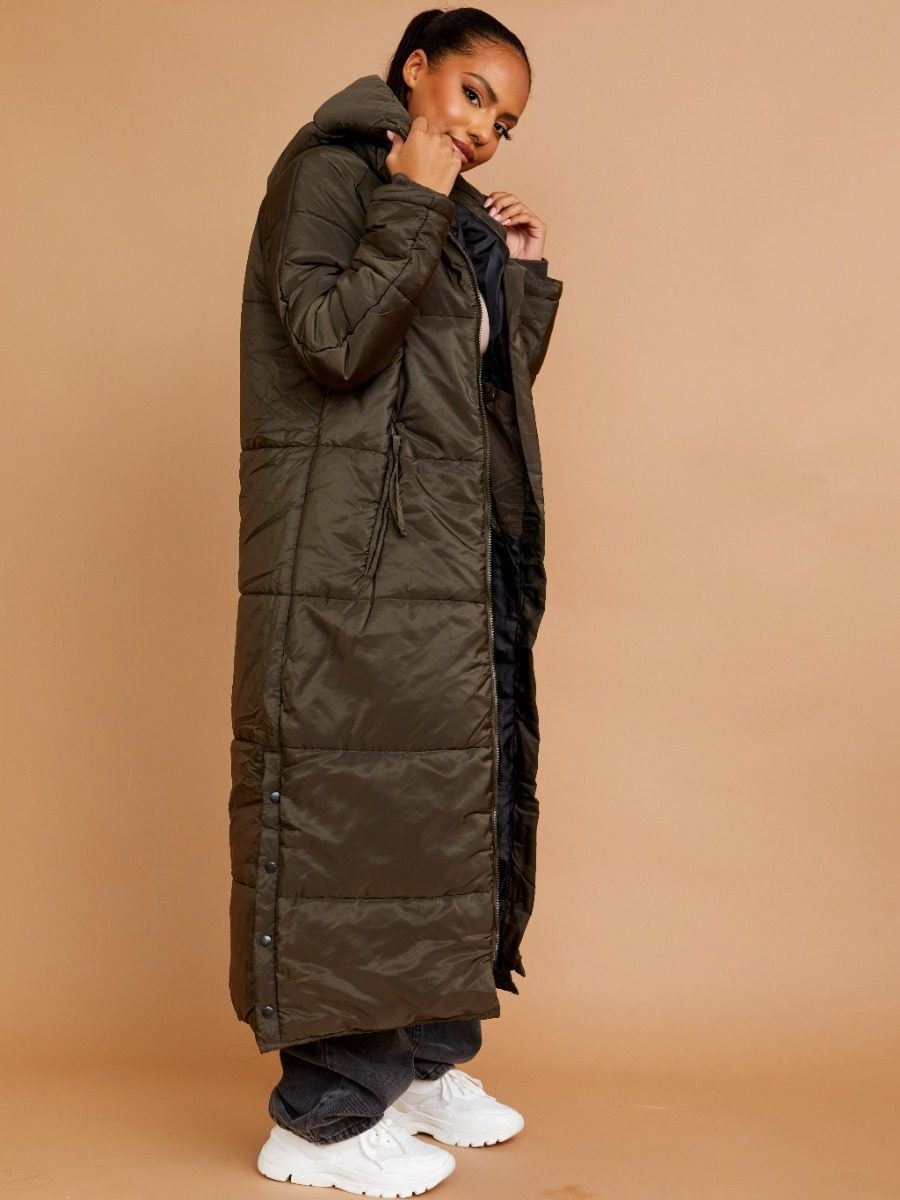 Khaki Green Longline Quilted Hooded Coat Button Detail - Aliza - Storm Desire