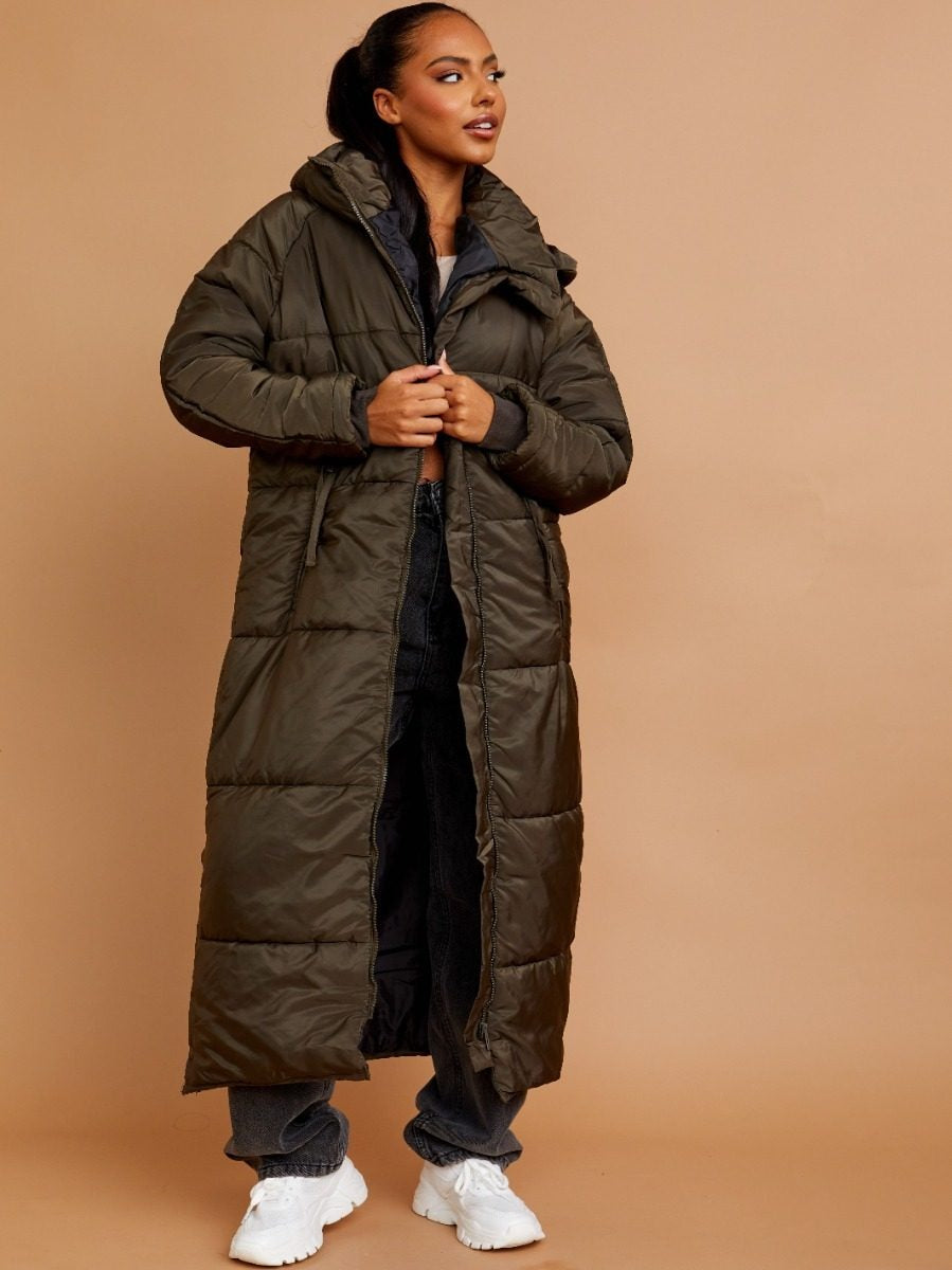 Longline Quilted Hooded Coat Button Detail - Aliza - Storm Desire