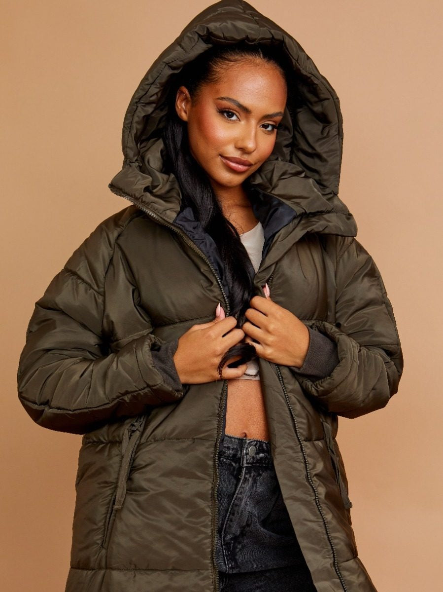 Longline Quilted Hooded Coat Button Detail - Aliza - Storm Desire
