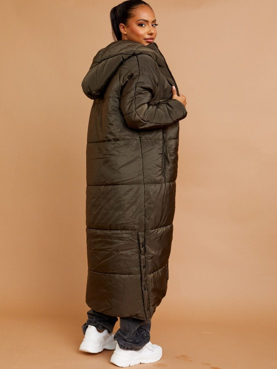 Longline Quilted Hooded Coat Button Detail - Aliza - Storm Desire