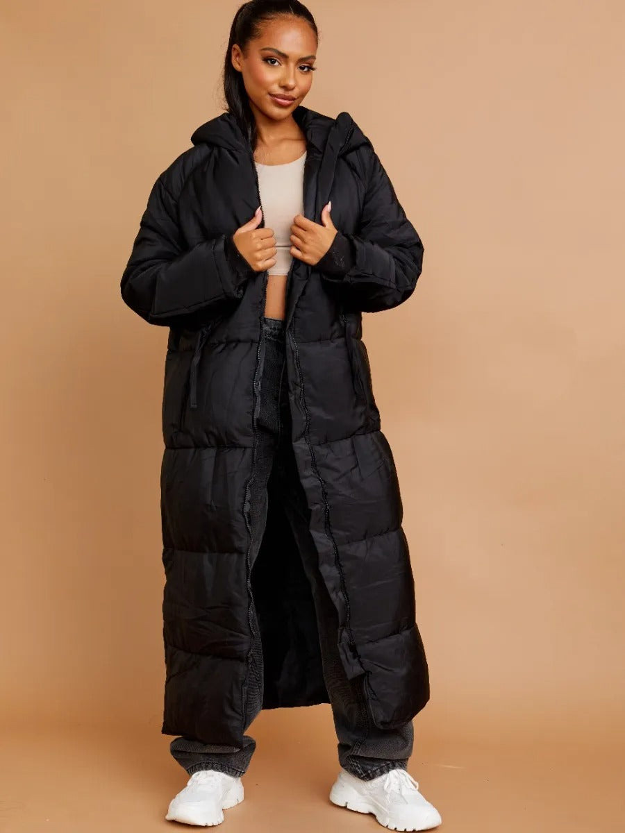 Longline Quilted Hooded Coat Button Detail - Aliza - Storm Desire