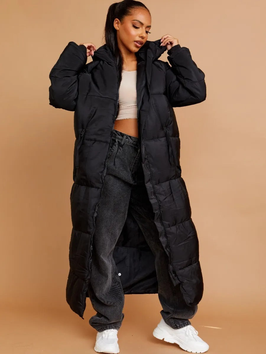 Longline Quilted Hooded Coat Button Detail - Aliza - Storm Desire