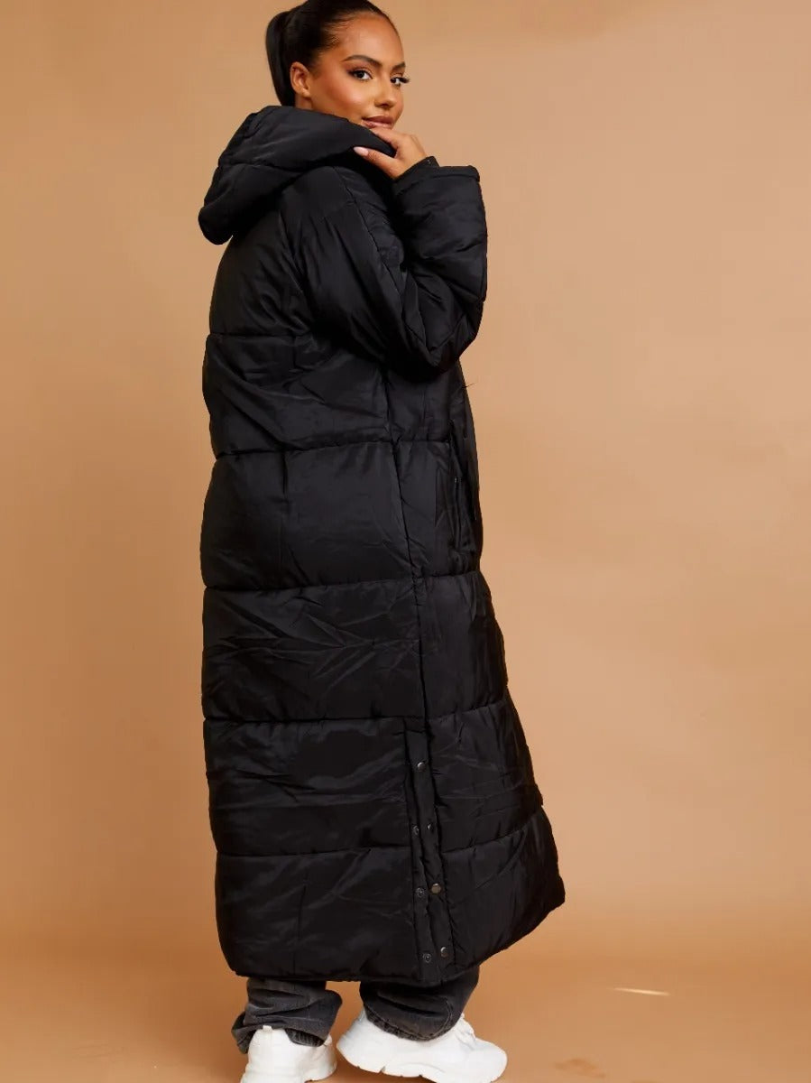 Black Longline Quilted Hooded Coat Button Detail - Aliza - Storm Desire
