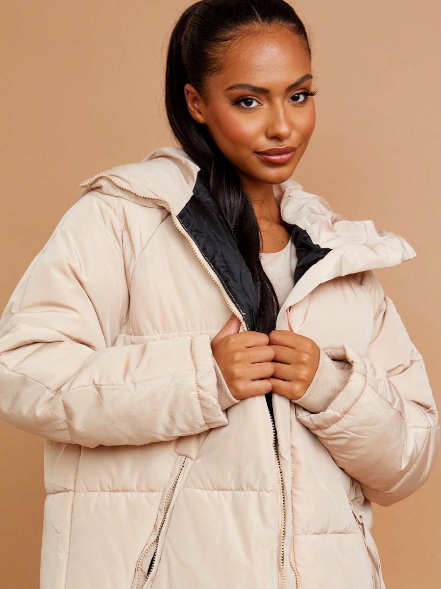 Beige Longline Quilted Hooded Coat Button Detail - Aliza - Storm Desire