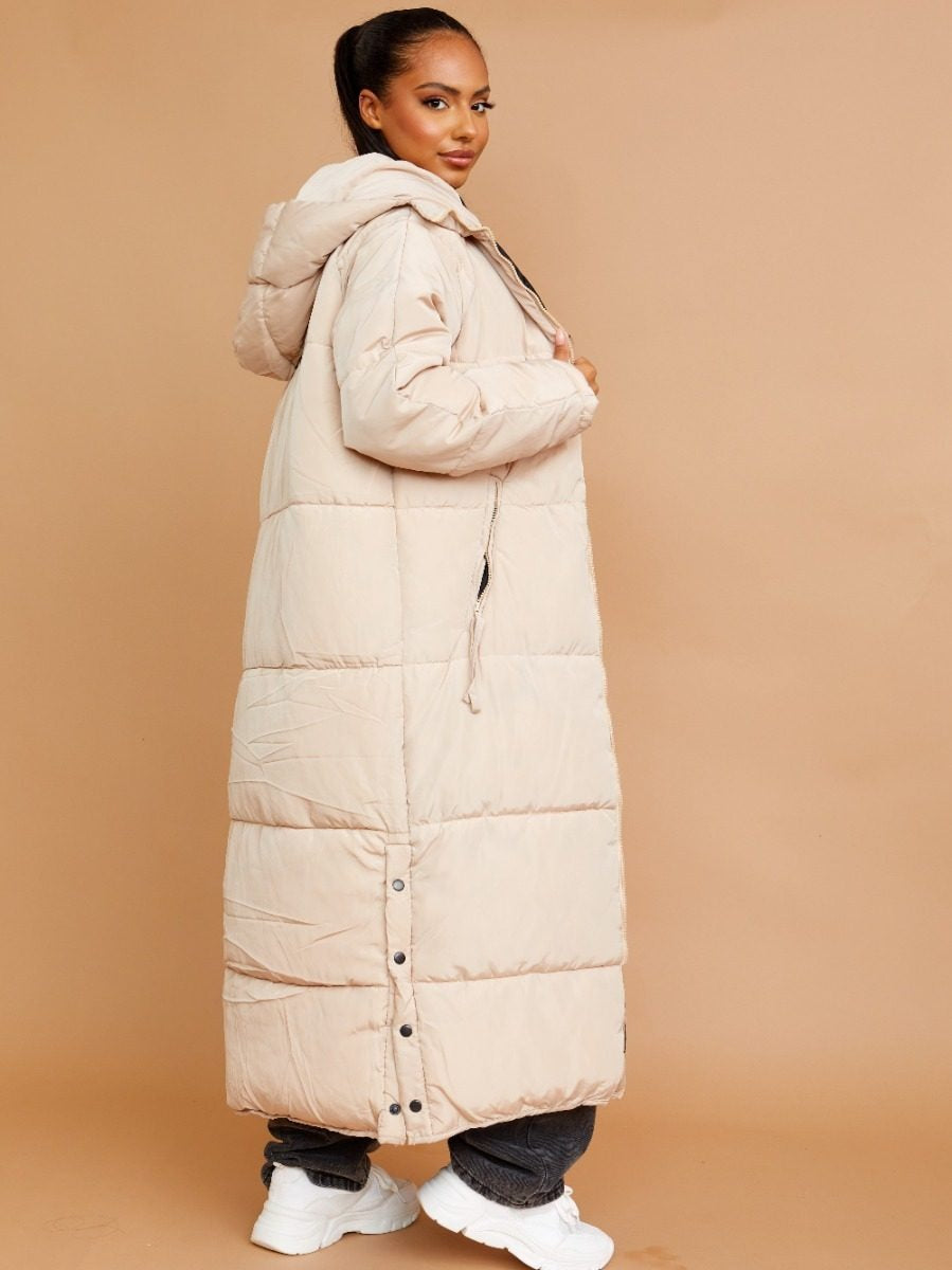 Beige Longline Quilted Hooded Coat Button Detail - Aliza - Storm Desire