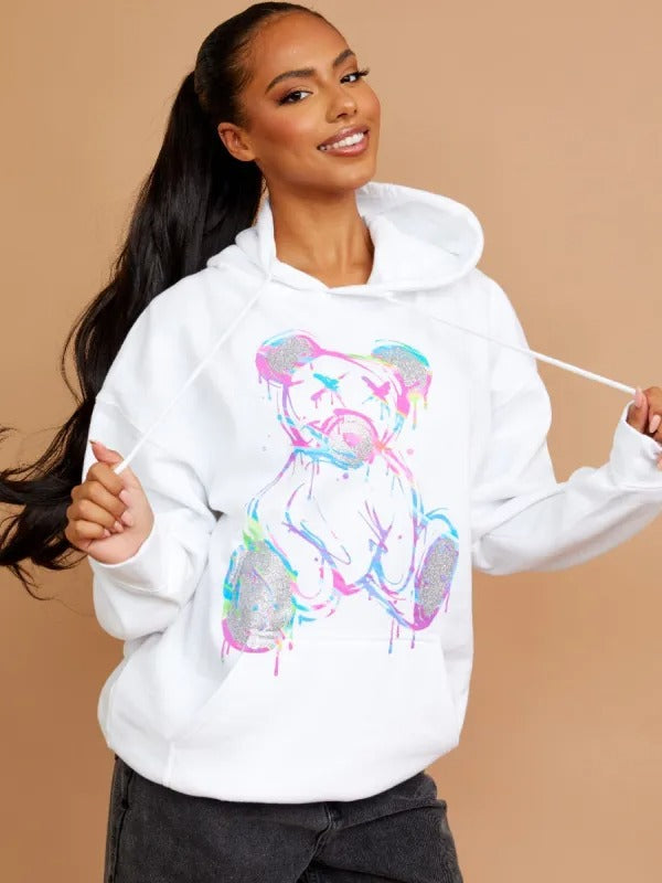 White Neon Print Teddy Graphic Hoodie - Marilyn - Storm Desire