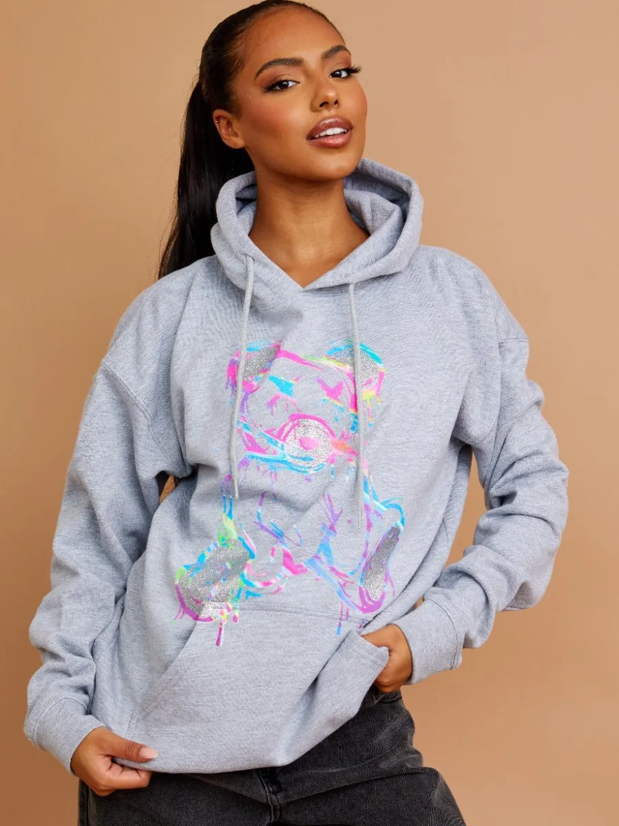 Grey Neon Print Teddy Graphic Hoodie - Marilyn - Storm Desire