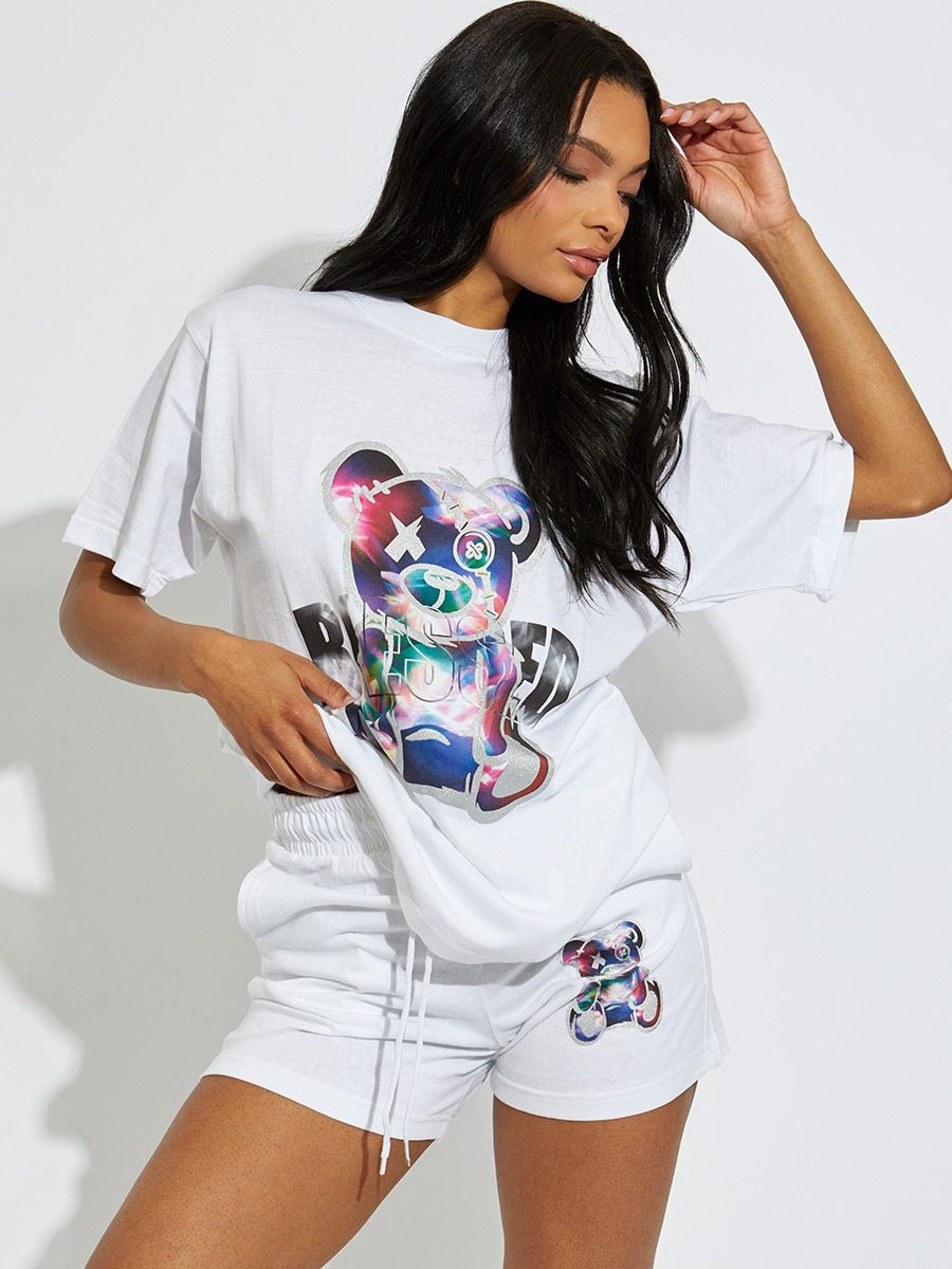 White Blessed Teddy Oversized T-Shirt & Shorts Set - Blaire - Storm Desire