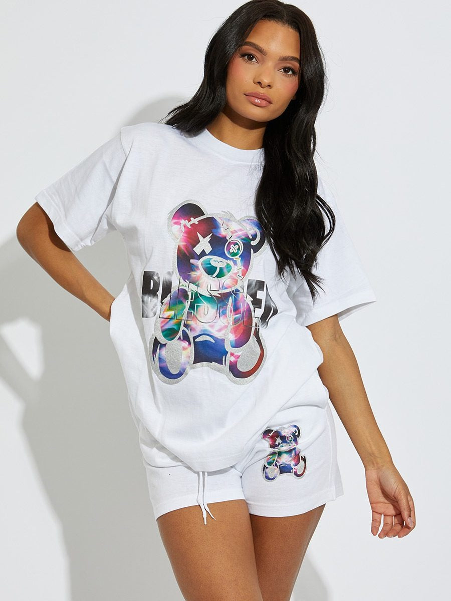 White Blessed Teddy Oversized T-Shirt & Shorts Set - Blaire - Storm Desire