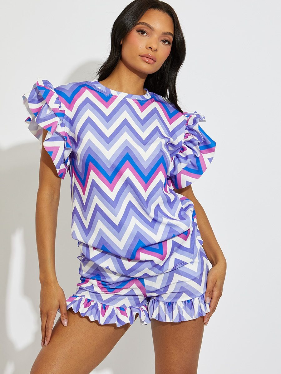 Lilac Zig Zag Frill Sleeve Top & Shorts Set - Karsyn - Storm Desire