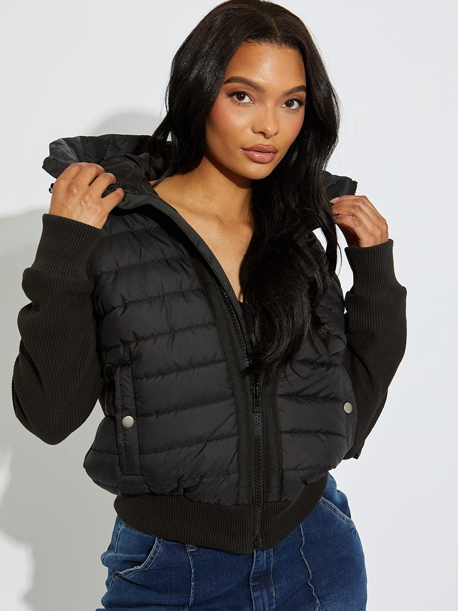 Black Ribbed Quilted Hooded Jacket - Judith - Storm Desire