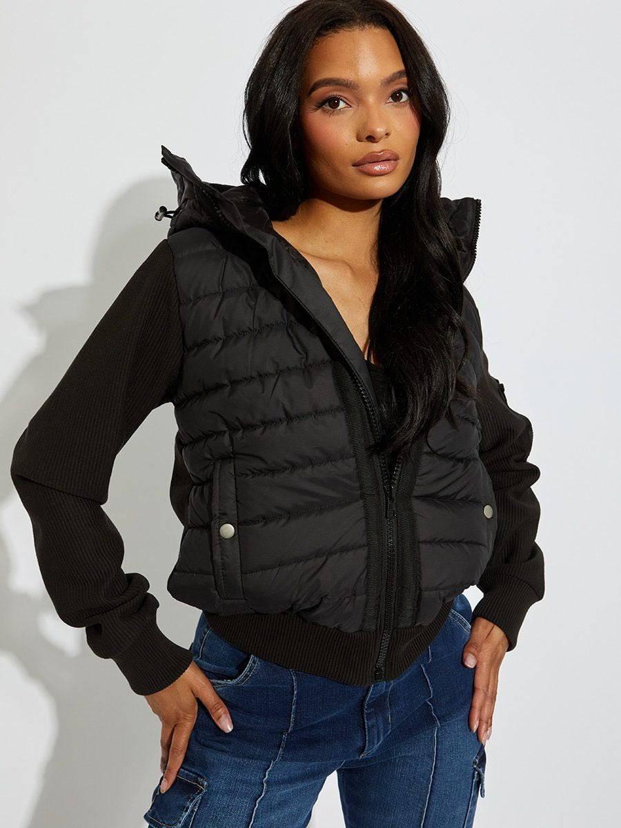 Black Ribbed Quilted Hooded Jacket - Judith - Storm Desire