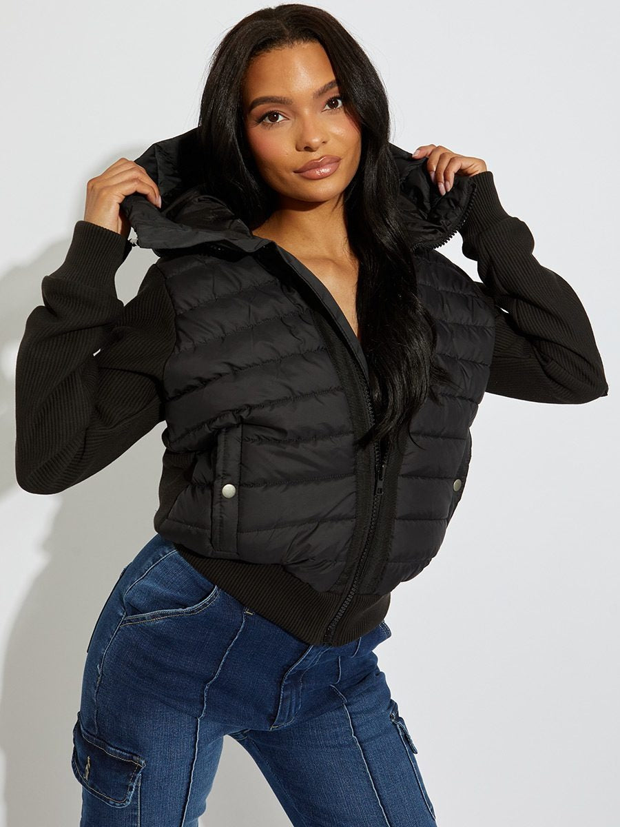Black Ribbed Quilted Hooded Jacket - Judith - Storm Desire