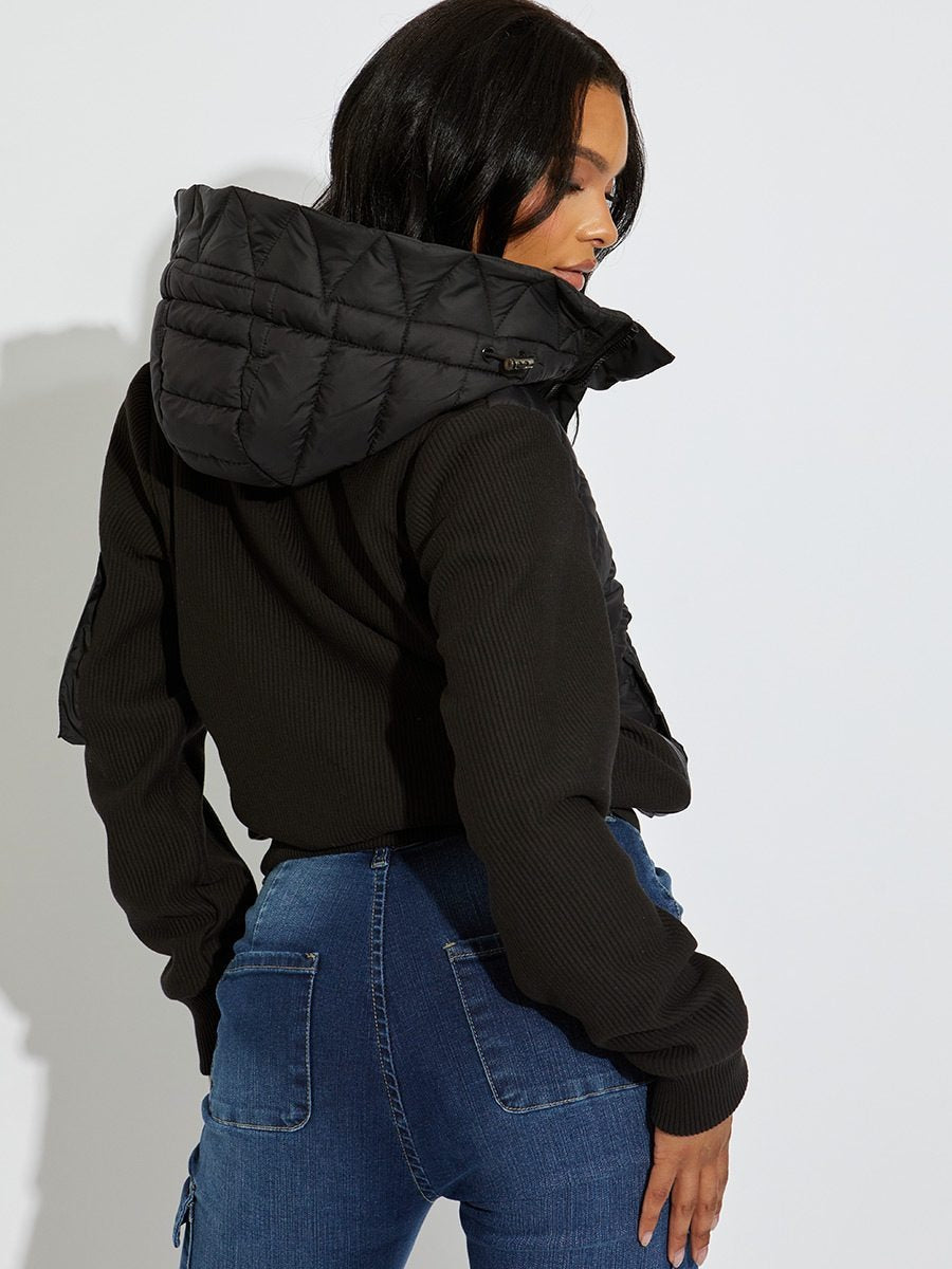 Black Ribbed Quilted Hooded Jacket - Judith - Storm Desire