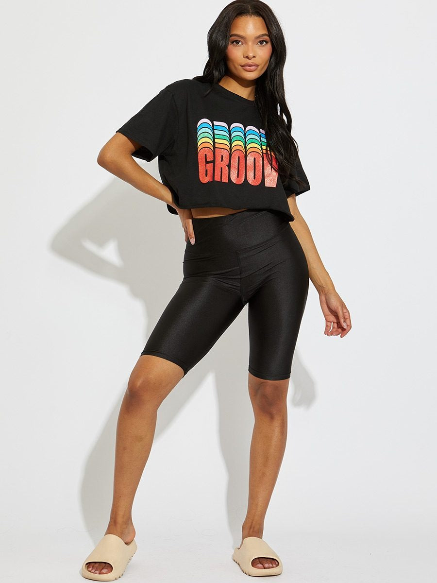 Black Oversized GROOVY Print Crop Top - Kelsey - Storm Desire