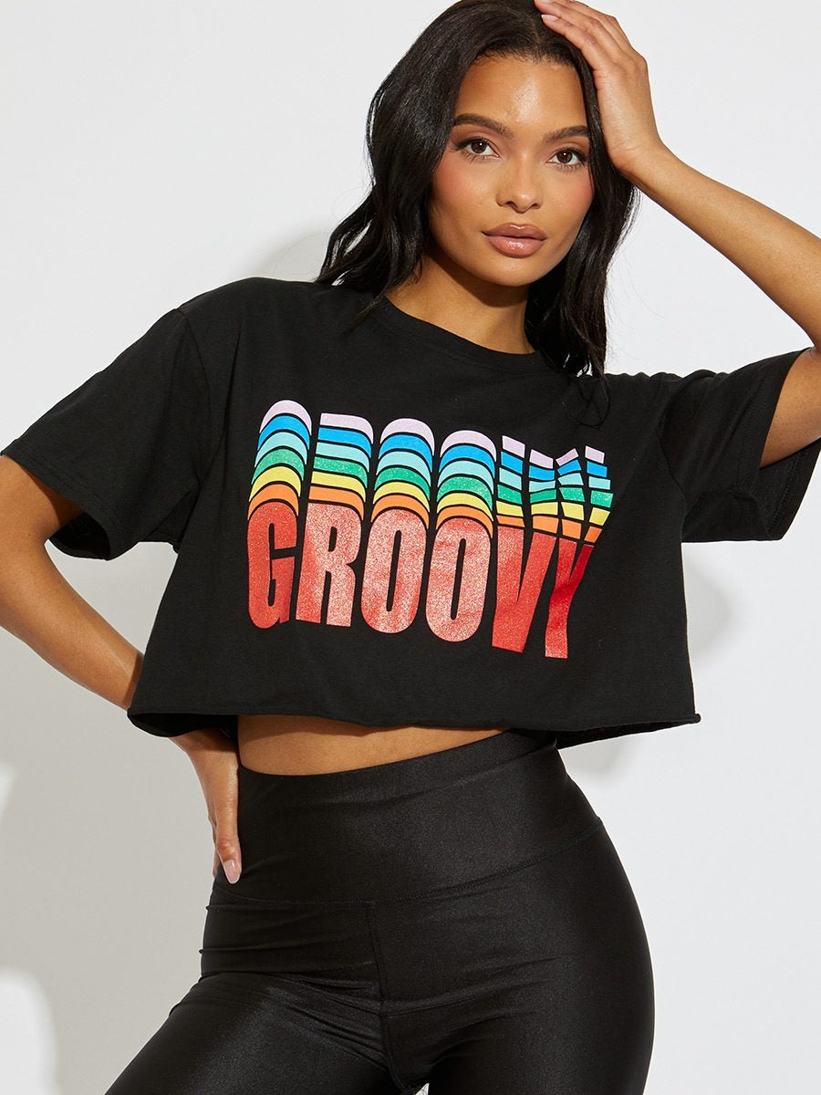 Black Oversized GROOVY Print Crop Top - Kelsey - Storm Desire
