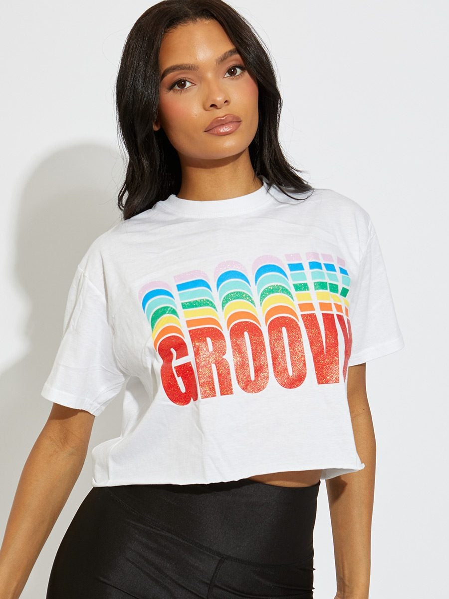 White Oversized GROOVY Print Crop Top - Kelsey - Storm Desire