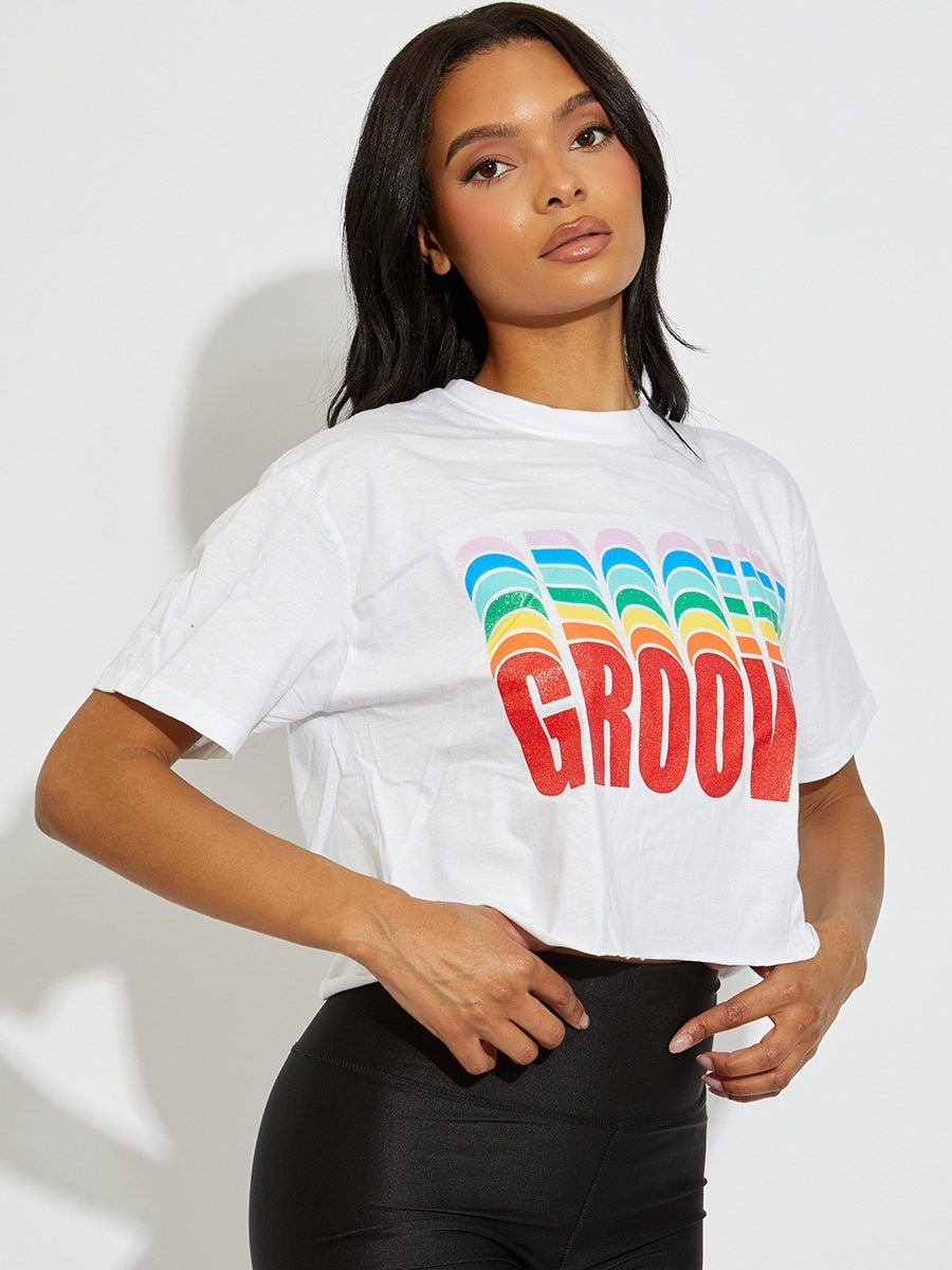 White Oversized GROOVY Print Crop Top - Kelsey - Storm Desire