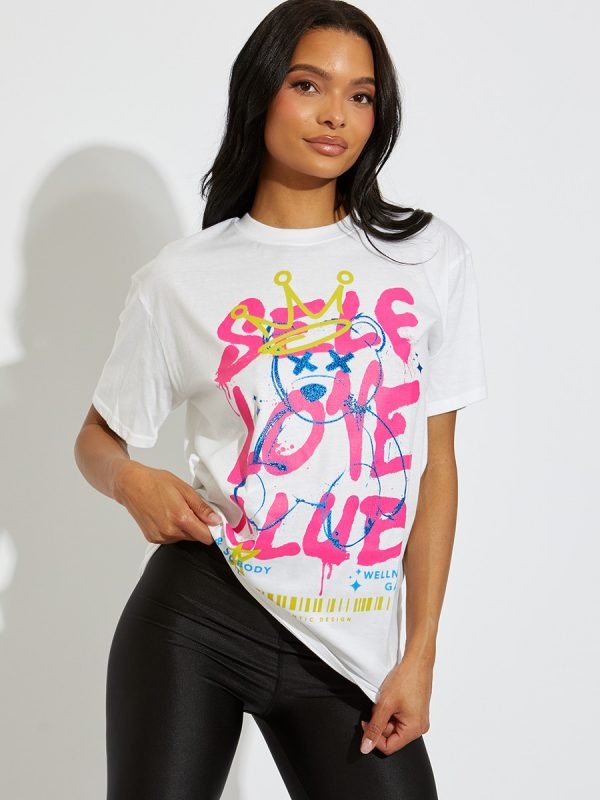 White Self Love Club Teddy Graphic T-Shirt - Aleena - Storm Desire