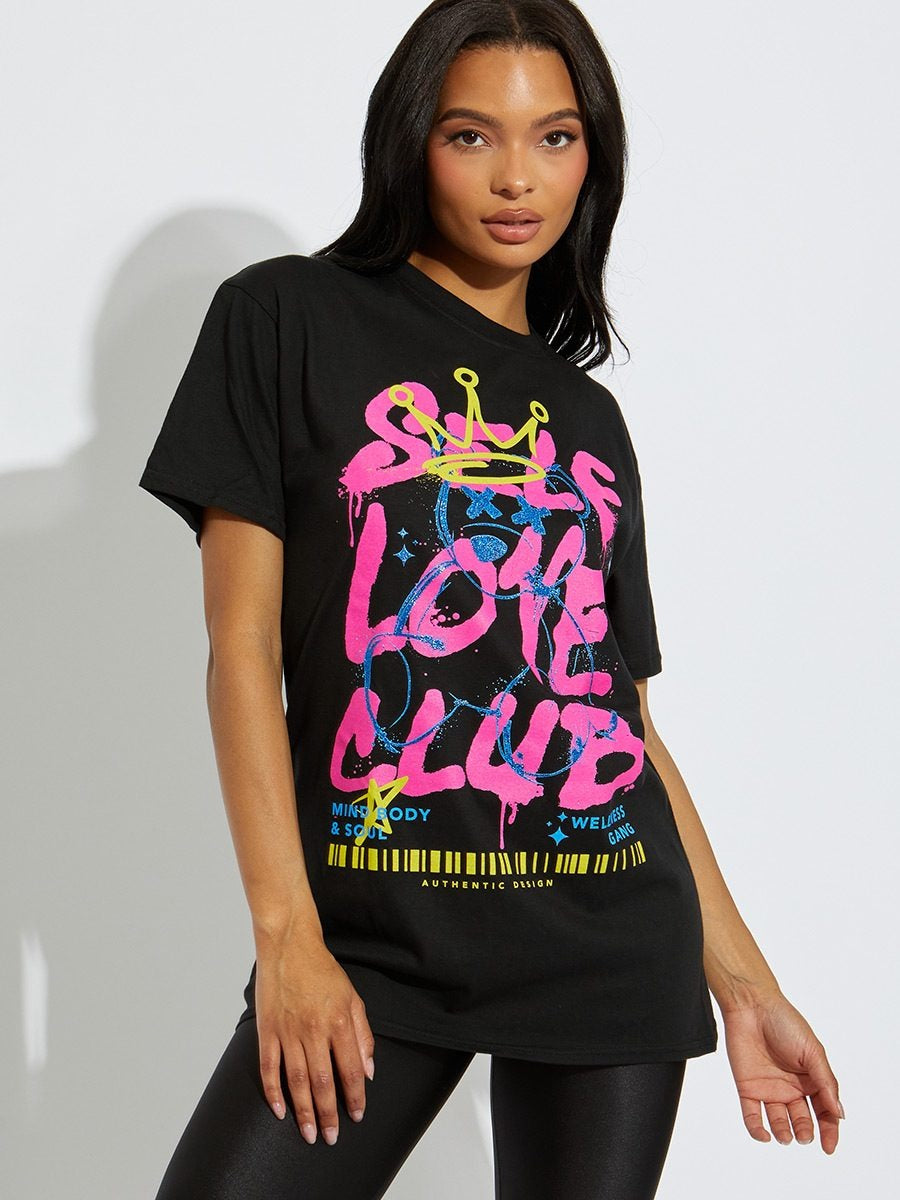Black Self Love Club Teddy Graphic T-Shirt - Aleena - Storm Desire