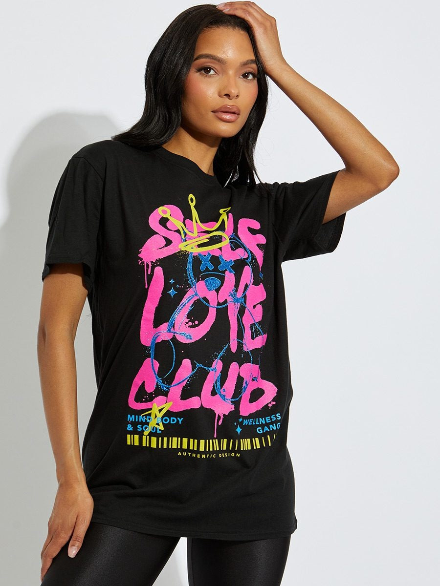 Black Self Love Club Teddy Graphic T-Shirt - Aleena - Storm Desire