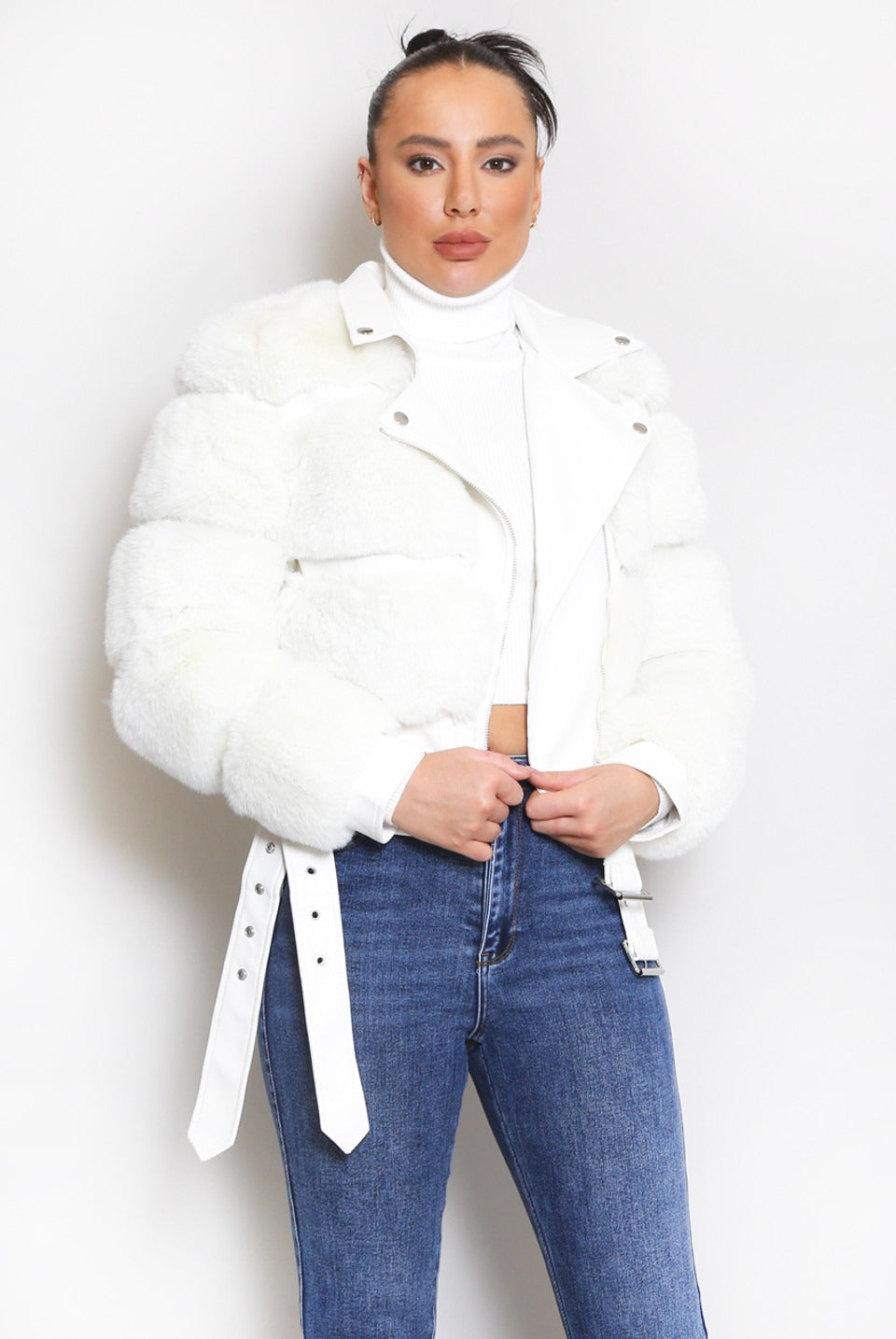 White Faux Fur Panel Biker Jacket - Penelope - Storm Desire