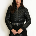 Faux leather woven bomber jacket with front zipper and ribbed trim, black